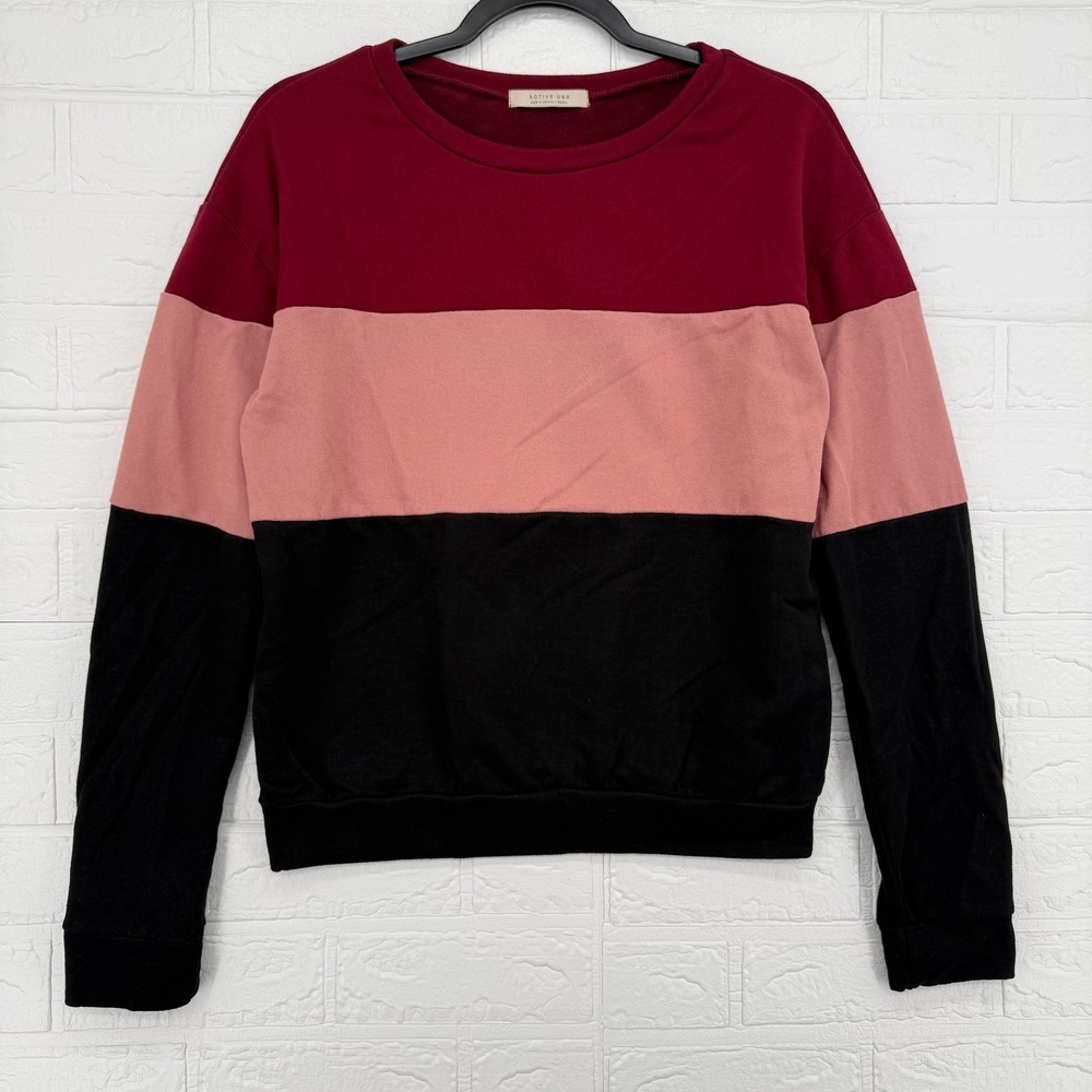 Active USA Sweatshirt Women Small Colorblock Burgundy Pink Black Crewneck